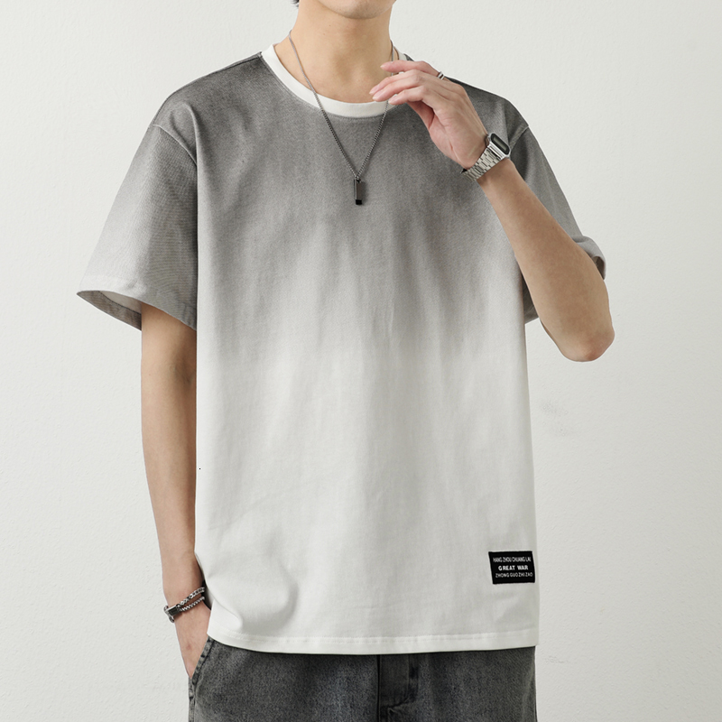 2024 New Summer Men's Trendy Loose Clothing Fashion Brand Student Short sleeved Top Round Neck Gradient 100% Cotton T-shirt