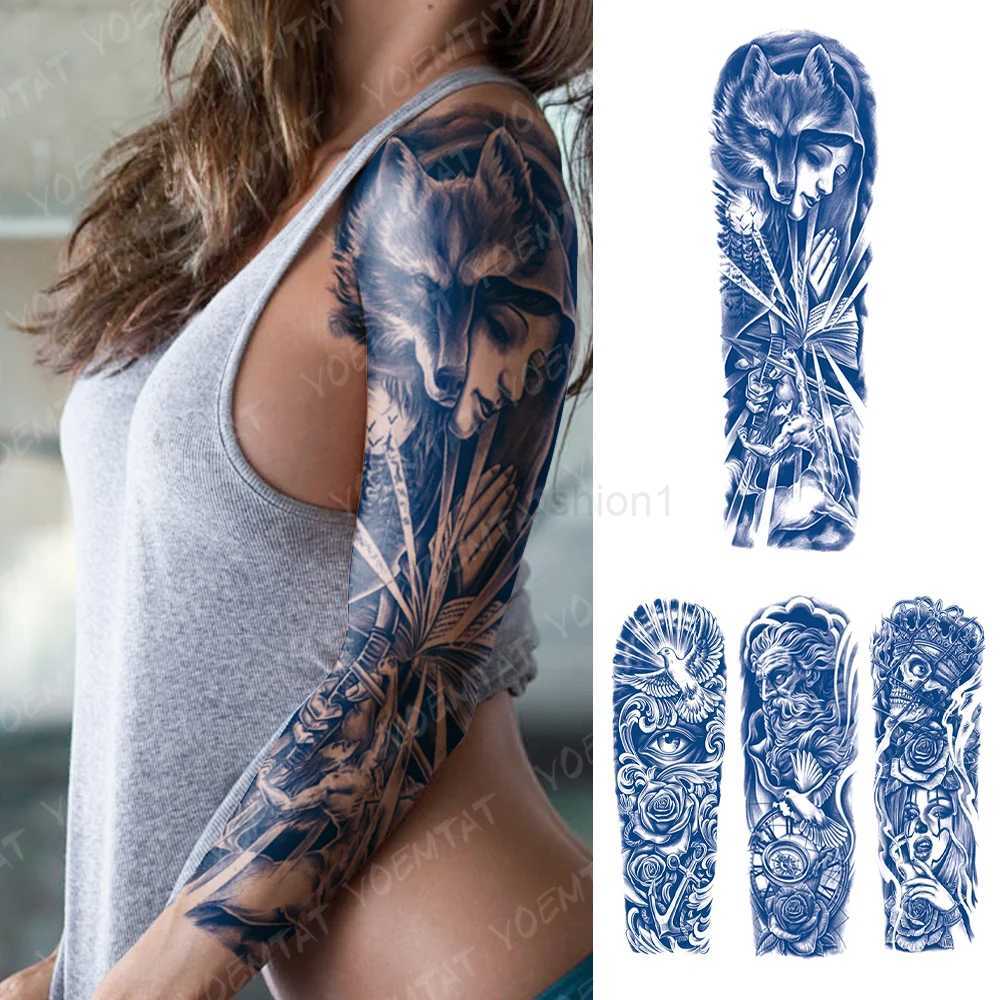 Semi-Permanent Herbal Large Arm Tattoo Nun Wolf Sword Waterproof Temporary Tattoo Stickers Juice Ink Lasting Fake Tato Women MenB240713