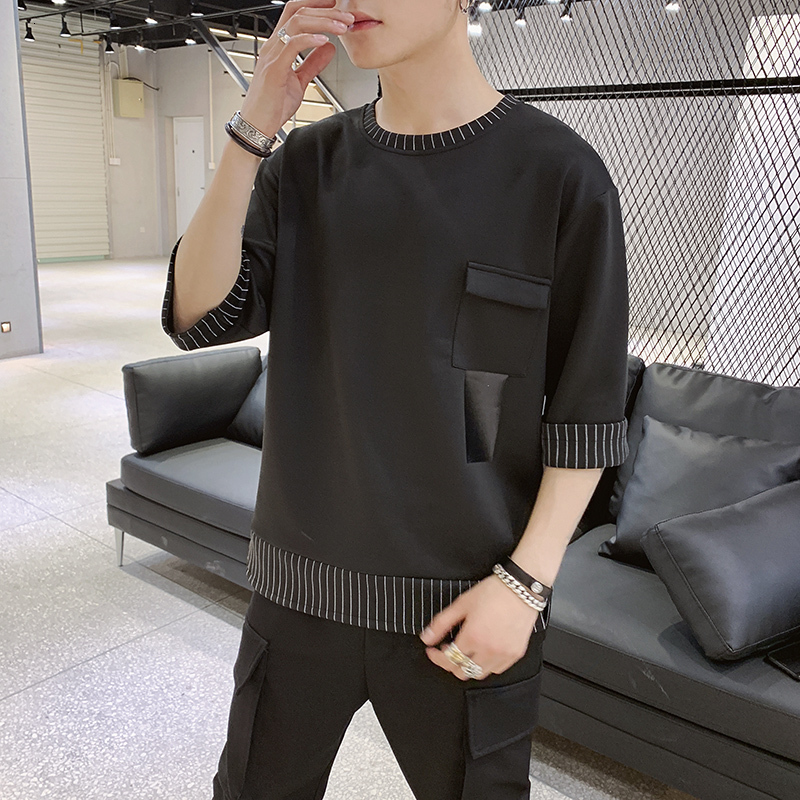 2023 Summer Pi Shuai Seven Sleeve Short sleeved Men's Korean Trendy workwear T-shirt Round Neck Contrast Top Men