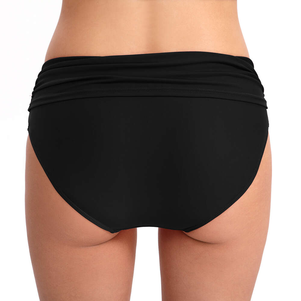 Retro High Elasticity Versatile Temperament 2023 New Women's Triangle Solid Color Sexy Hip Lifting and Slimming Wrinkle Mid Waist Swimming Pants 