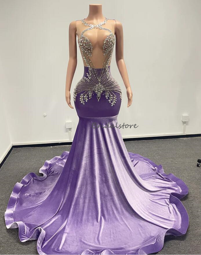 Stunning Lilac Prom Dresses For Black Girls Beaded Crystal Mermaid Velvet Evening Gowns African Black Women Formal Birthday Wear Special Occasion Vest