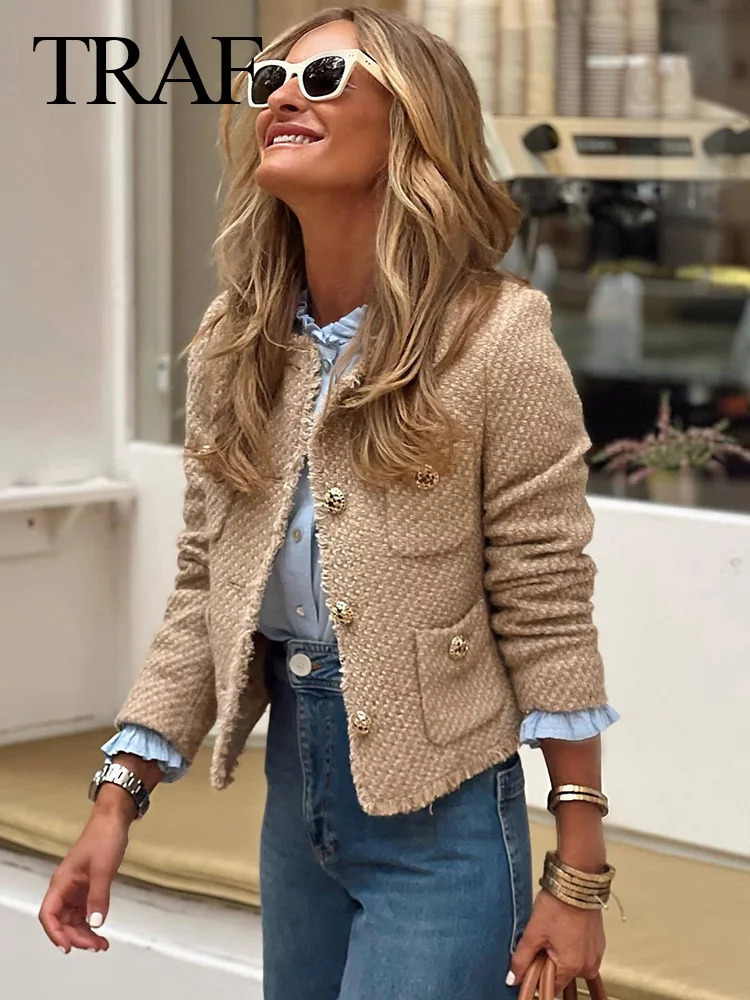 TRAF Autumn Fashion Women Short Jacket Camel Tweed Long Sleeve Button Frayed Cropped Tops Elegant Y2k Vintage Chic Coats 240704