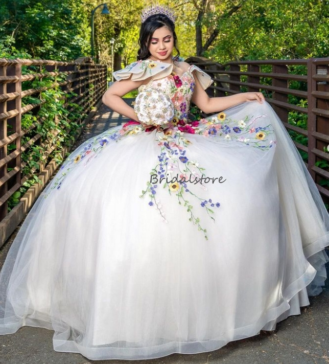 Colorful Flowers Mexican Quinceanera Dresses Charro Mexico Off Shoulders Vestidos De 15 Anos Quinceaneras 2024 Birthday Party Masquerade Pageant Sweet