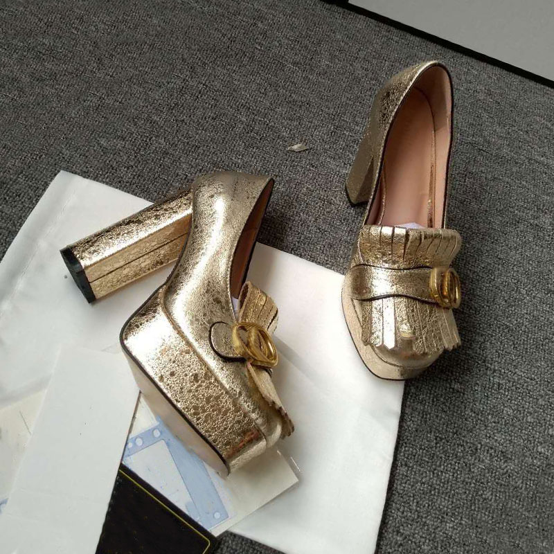 Designer cowhide fashion dress shoes thick-heeled women's gold high heels spring and Autumn Metal Buckle fringed women's high-heeled Bride's