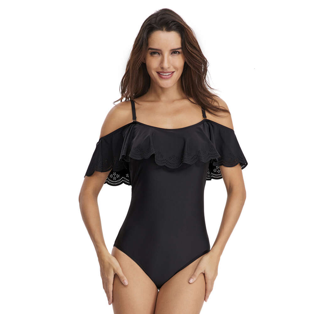 Beach Casual New Product French Sleeveless Solid New Pattern Strap Hollowed Out Triangular Ruffle Edge One-piece Swimsuit Waist Temperament Short Wais