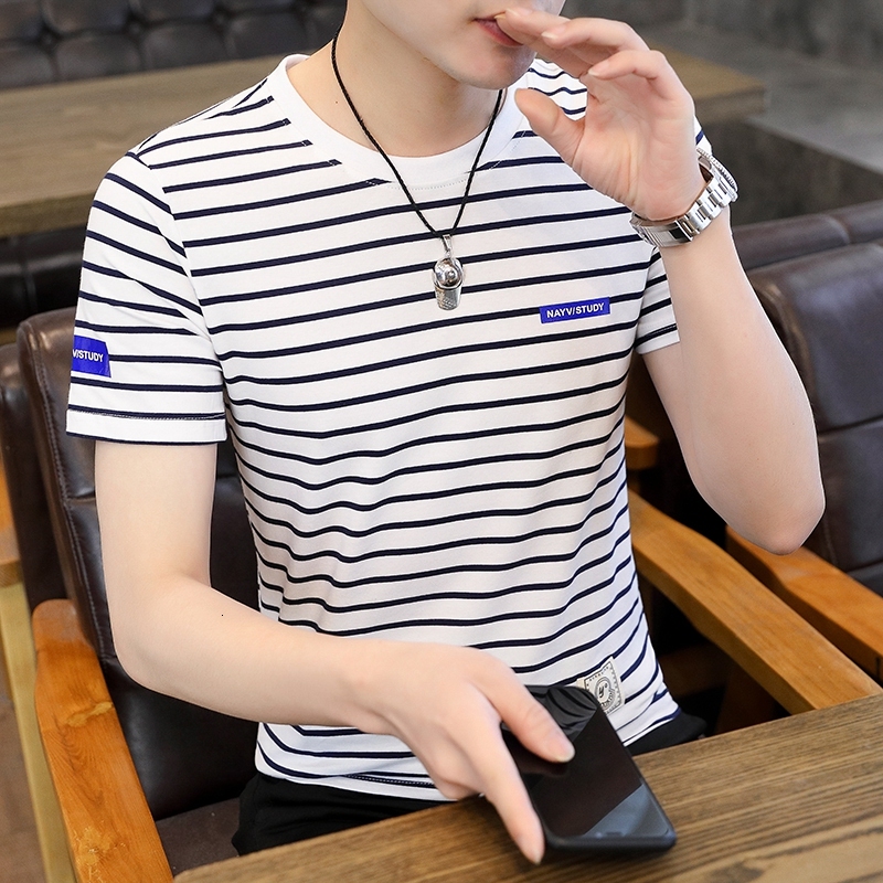 Yuncang Flash Hair 2022 Summer New Round Neck Pure Cotton Striped Short sleeved T-shirt Korean Edition Slim Fit Fashion Casual Men's Wear