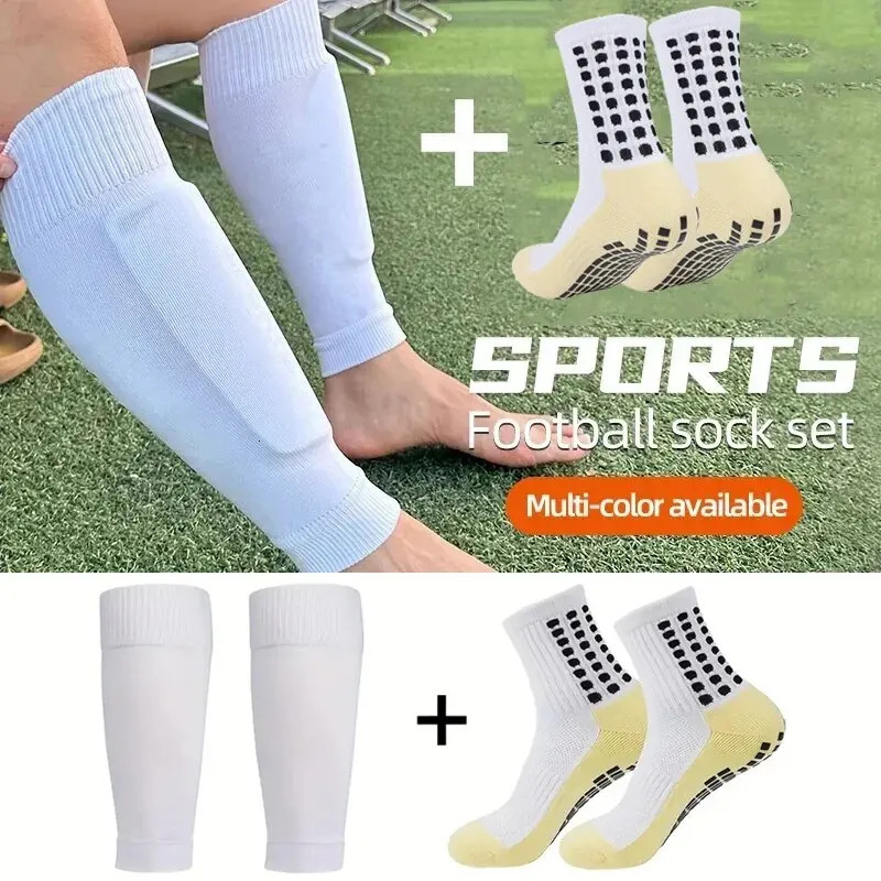 2 Pairs Set Men Grip Soccer Socks and Knee Pads Calf Sleeves Adult Youth Non Slip Leg Shin Guards for Basketball Football Sports 240713