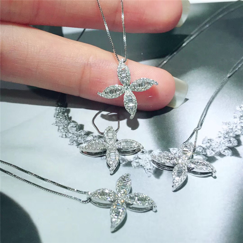 Ins Sparkling Flower Pendant Elegant Luxury Jewelry 925 Sterling Silver Fill Princess Cut White 5A Cubic Zircon CZ Diamond Party Women Beach Clavicle 