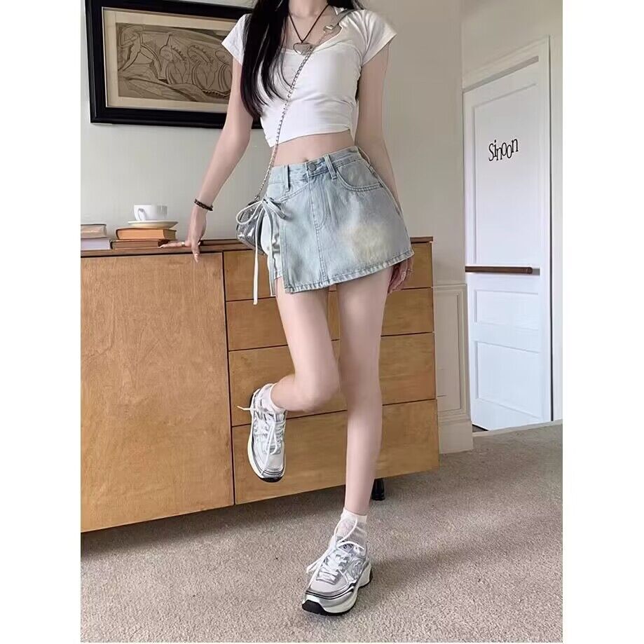 Designer denim shorts women's summer A-line high waisted irregular dress tie casual skirt pants outdoor sports jeans spicy little girl pants