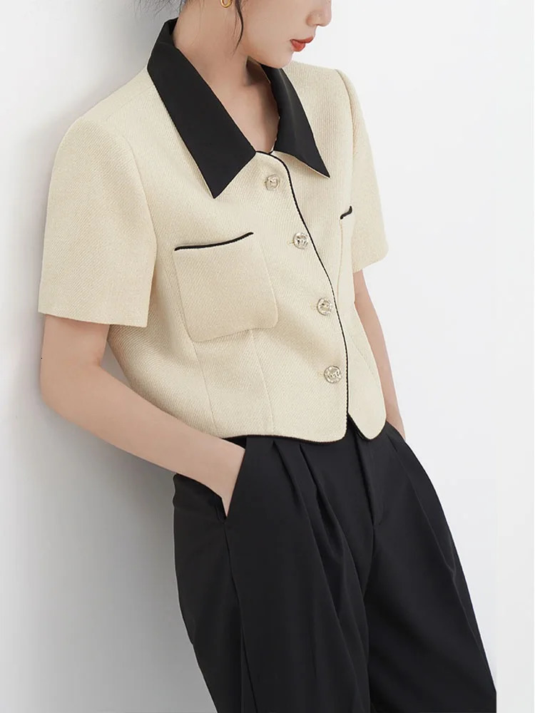 Temperament French Style Short Sleeve Summer Tweed Wool Jacket Women Turn-down Collar Retro Small Fragrance Coat Short Outwear 240704