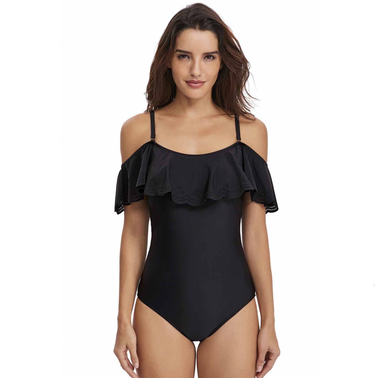 Beach Casual New Product French Sleeveless Solid New Pattern Strap Hollowed Out Triangular Ruffle Edge One-piece Swimsuit Waist Temperament Short Wais