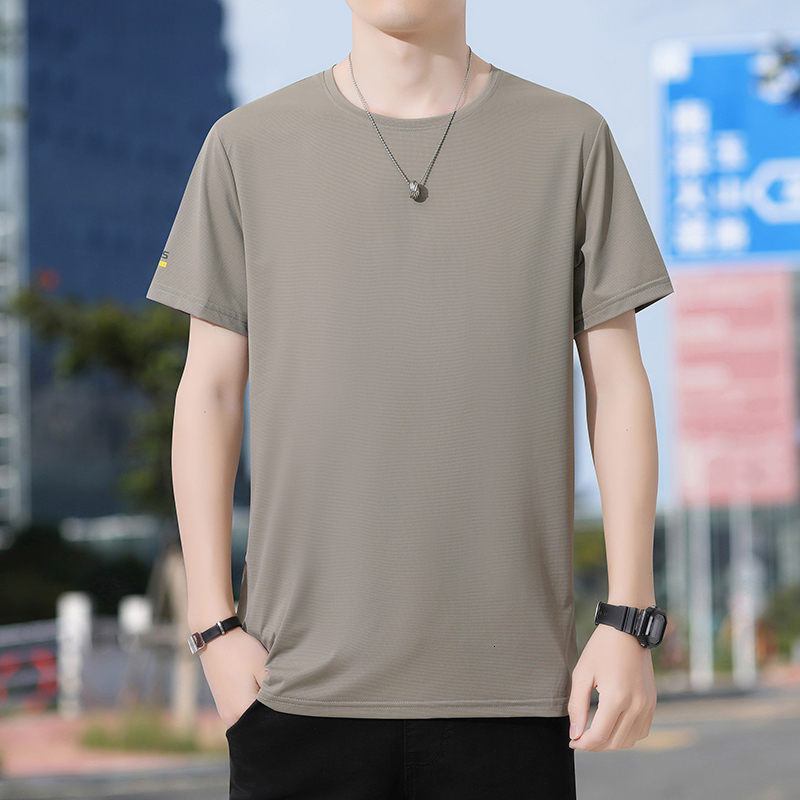New Men's 2024 Summer Ice Silk Large Round Neck Quick drying Short sleeved T-shirt