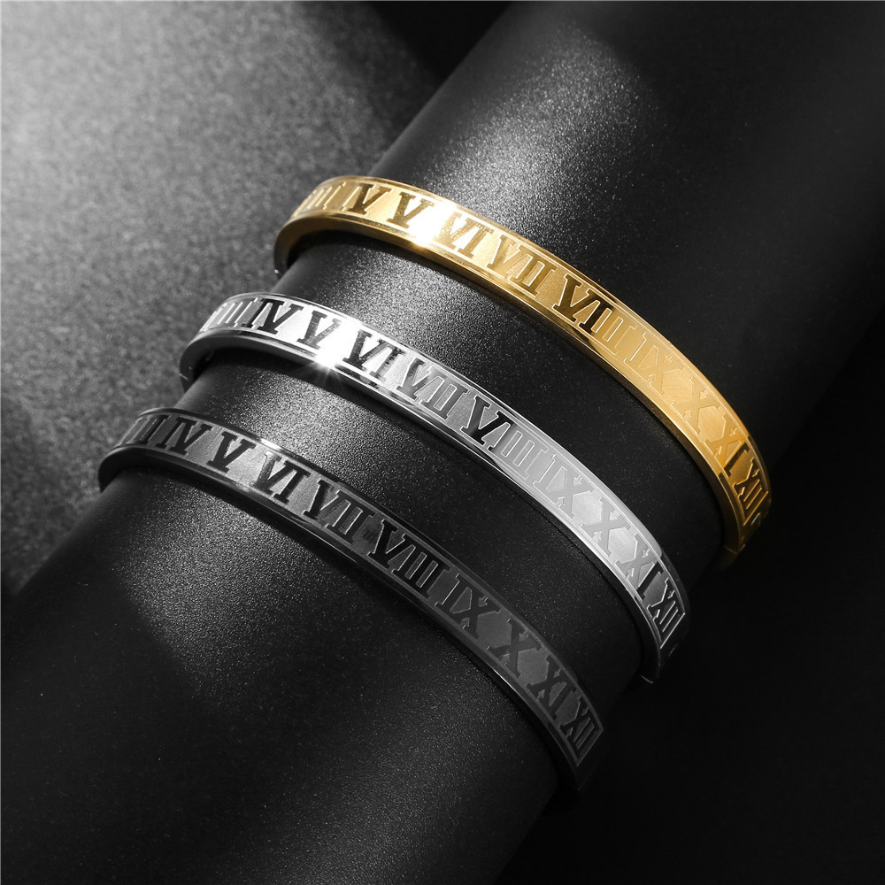 Classical Titanium Steel Roman Numerals Bangle Bracelet Alphanumeric Snap Open Bracelet 6mm Lovers Couple Bracelet Fashion Valentine's Day Weddin