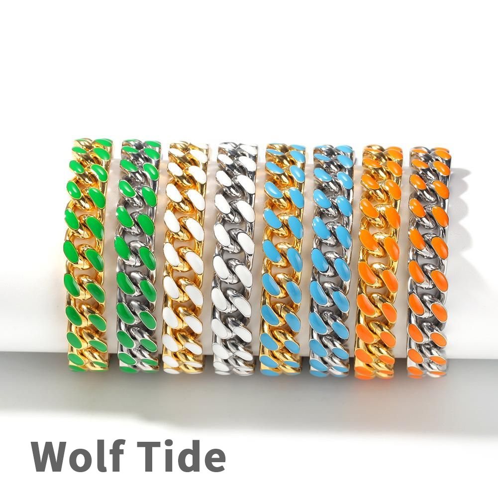 New Fashion guys Gold Silver Stainless Steel Colorful Enamel Mens Personalized Cuban Link Chain Bracelet Hip Hop Curb Miami Chains Wolf Tide Jewelry f