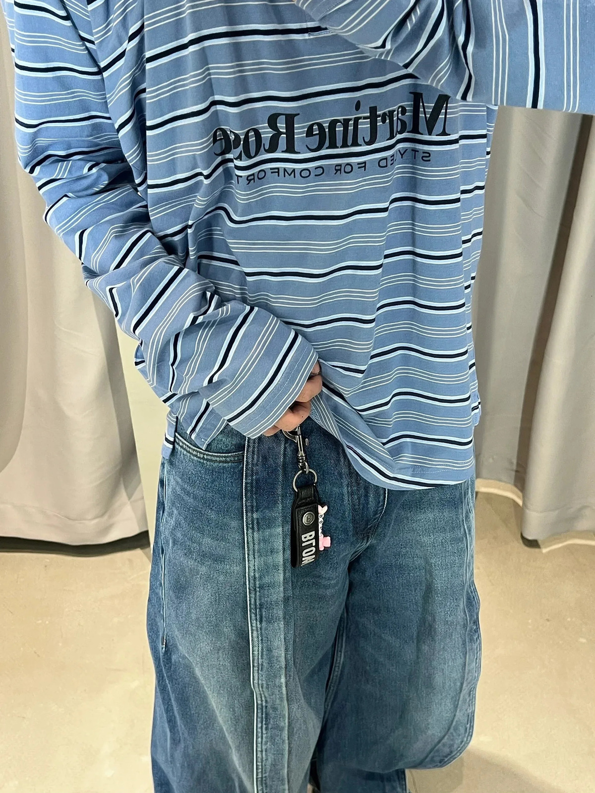2024 Blue Striped Polo Long-sleeved T-shirt American Retro Loose Spring and Autumn Style for Men Women Unisex 240708