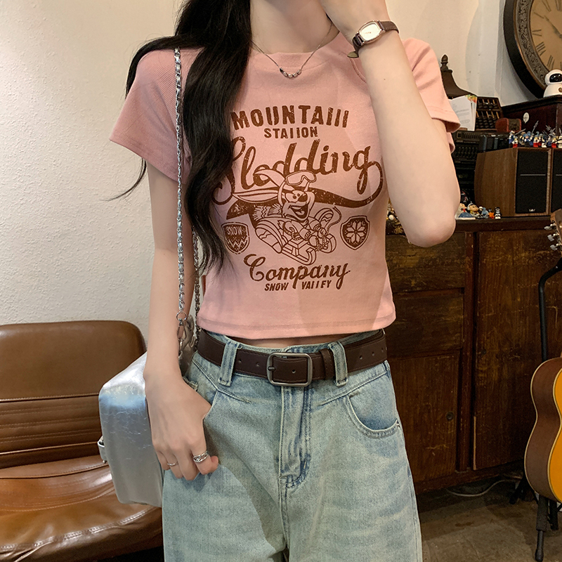 New product lightig delivery summer Korea versio sweet ad spicy roud eck cartoo prit shoulder ciched waist slim fit short sleeved T-shirt top for