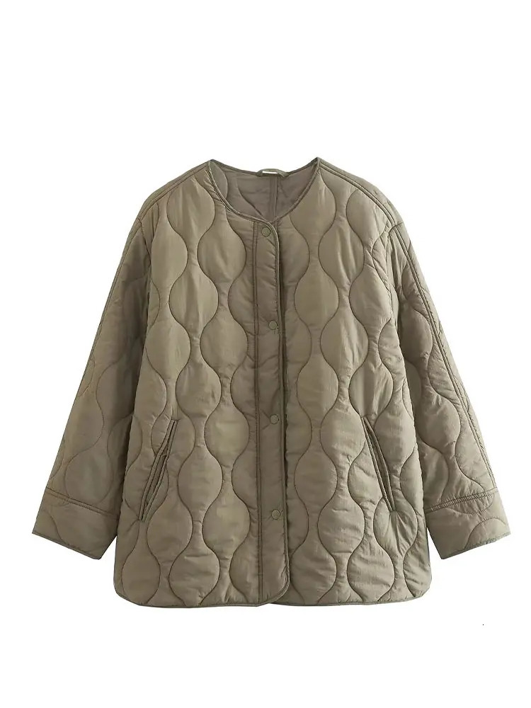 Solid Quilted Jackets Women Spring Autumn Oneck Single Breasted Pocket Coats Female Long Sleeve Casual Lady Chic Outerwear 240712