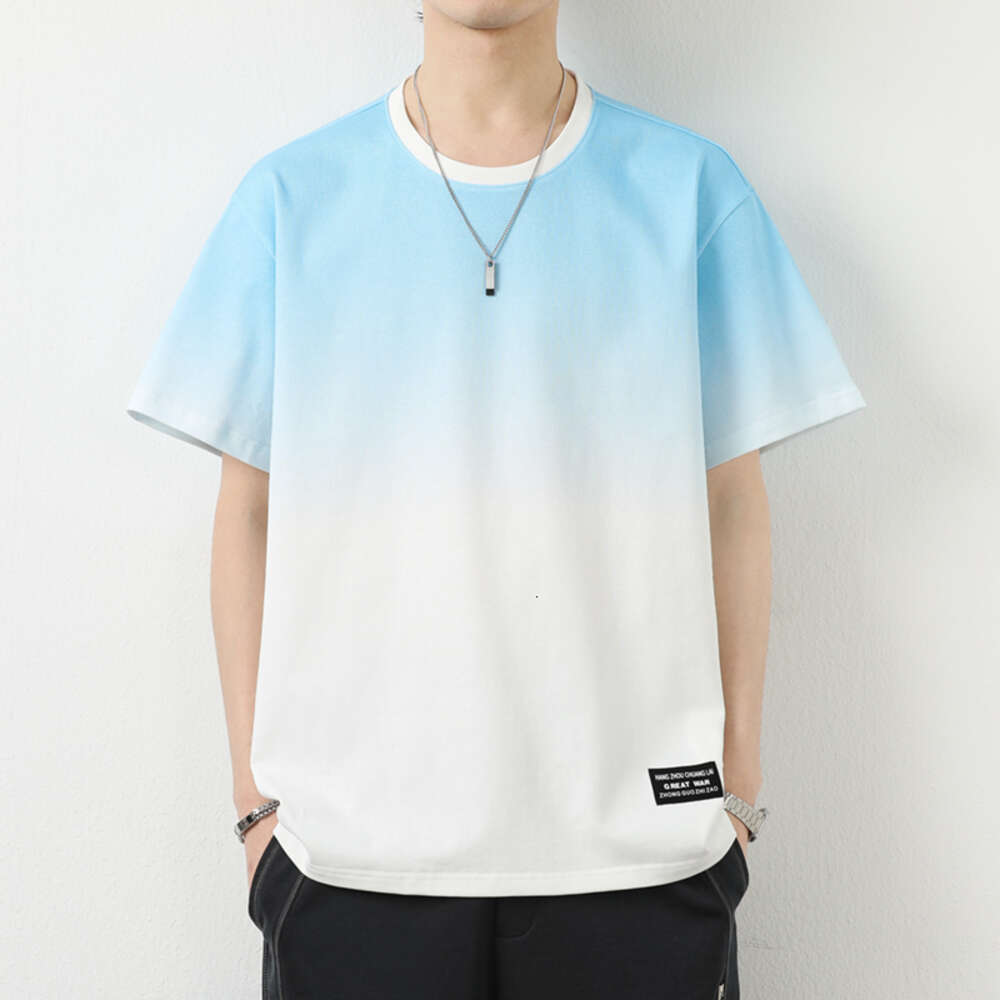 2024 New Summer Men's Trendy Loose Clothing Fashion Brand Student Short sleeved Top Round Neck Gradient 100% Cotton T-shirt