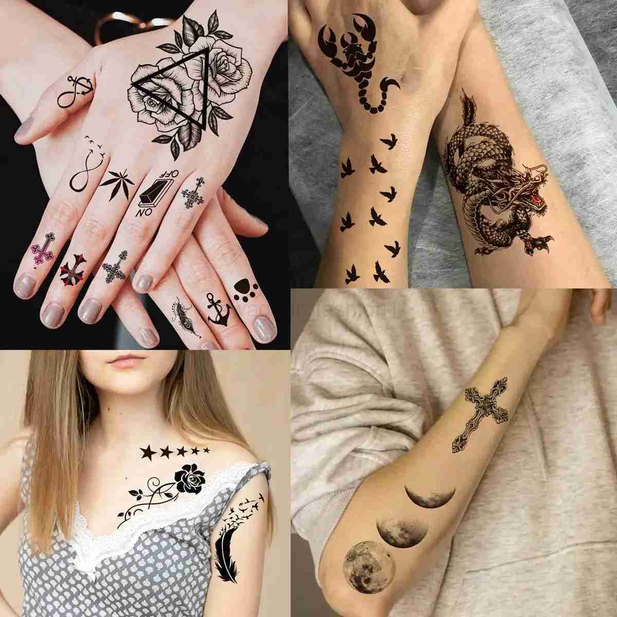 66 Sheets Small Black Temporary Tattoos For Women Men Face Neck Fake Tattoo Sticker Realistic Skull Flower Star Tatoos Kits FunB240713