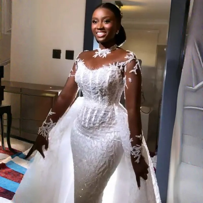 Luxurious Wedding Dresses Country Mermaid Long Sleeves Gorgeous Bridal Dress with Detachable Train Lace full Beaded Tulle Gowns Free shippin