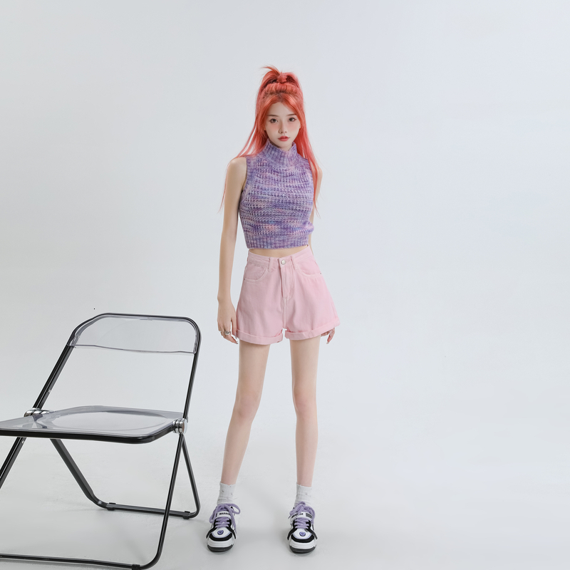 Designer Spicy Girl Flanging Sexy Jeans for Women 2024 Summer New Collection Candy Color Wide Leg Shorts Fashion Daily Wear Sexy Casual Pants