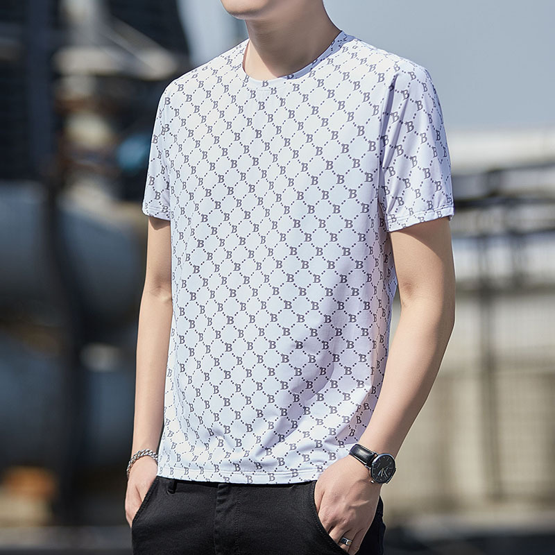 Lighing Delivery 2024 Summer New B-shaped Short Thin Silk Trendy Brand Half Sleeve T-shirt for Men, Ice Sensation Top