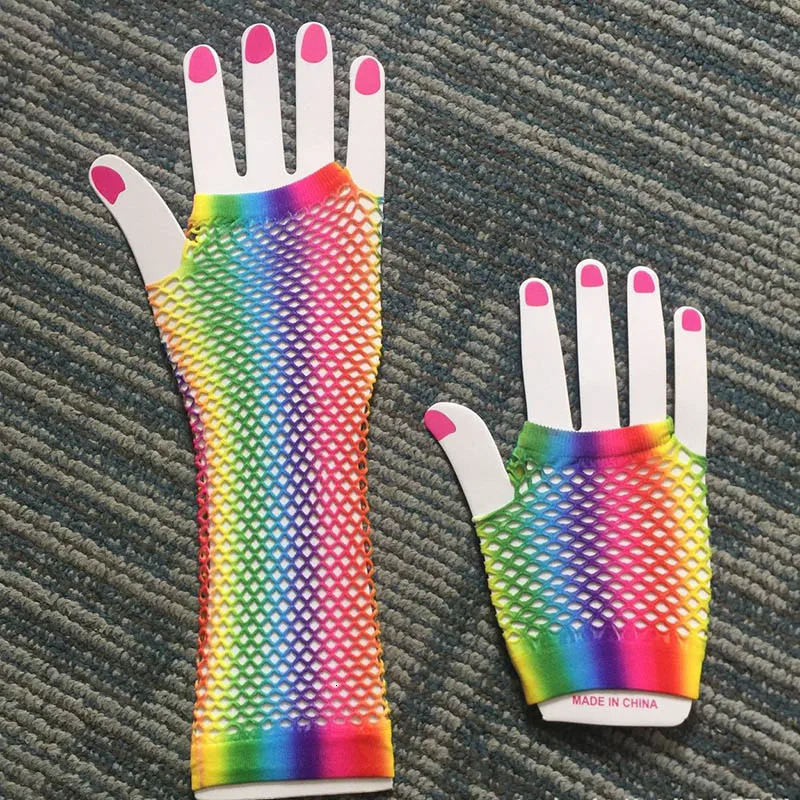 1pair Rainbow Color Ladies Sexy Mesh Net Fishnet Gloves Women Hollow Out Holes Fingerless Gloves Lady Disco Dance Costume Mitten 240713