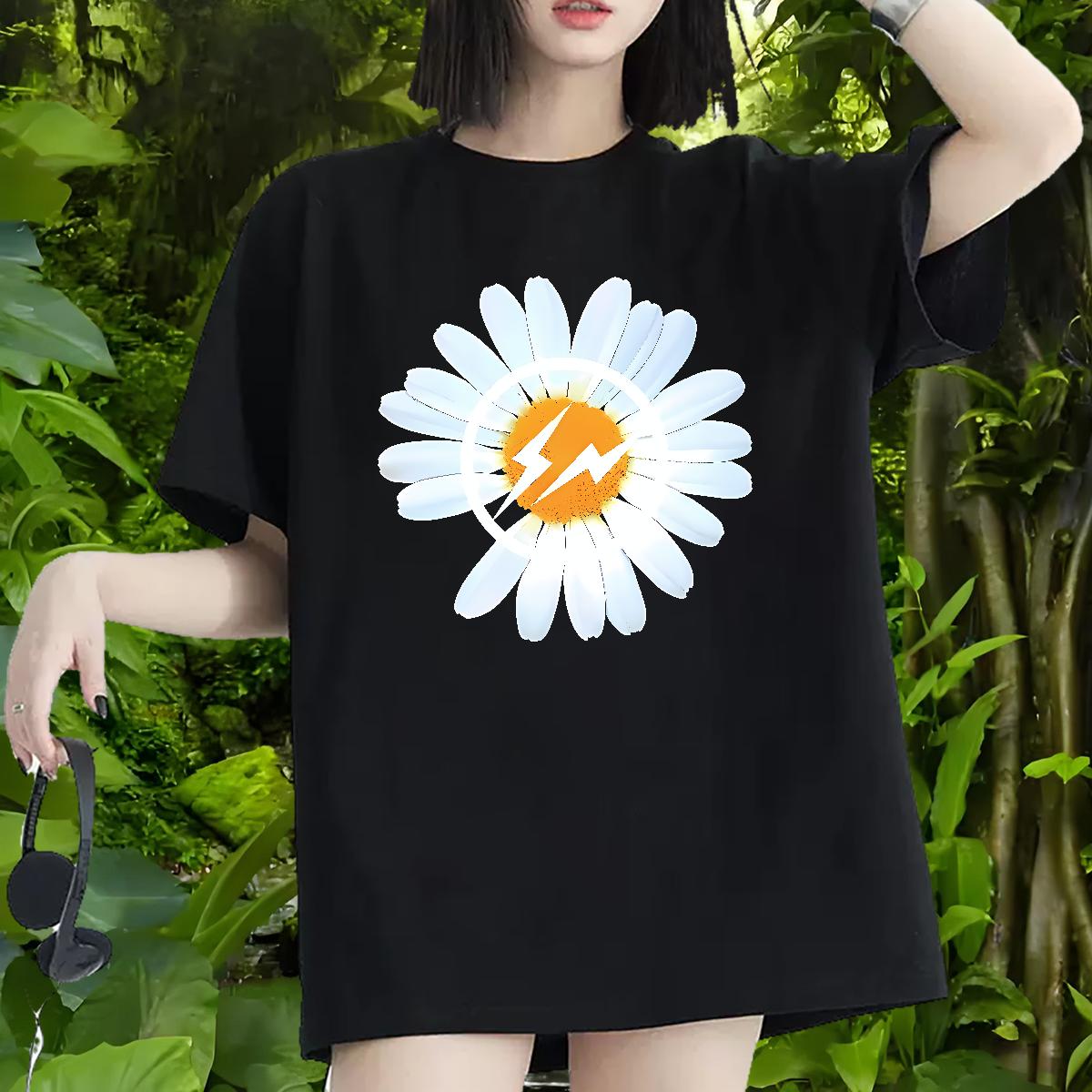 Cotton Breathable Short Sleeve Woman T Shirts Casual New Street Unisex Tshirts Cartoon Floral Printing Loose fit Tee Shirt