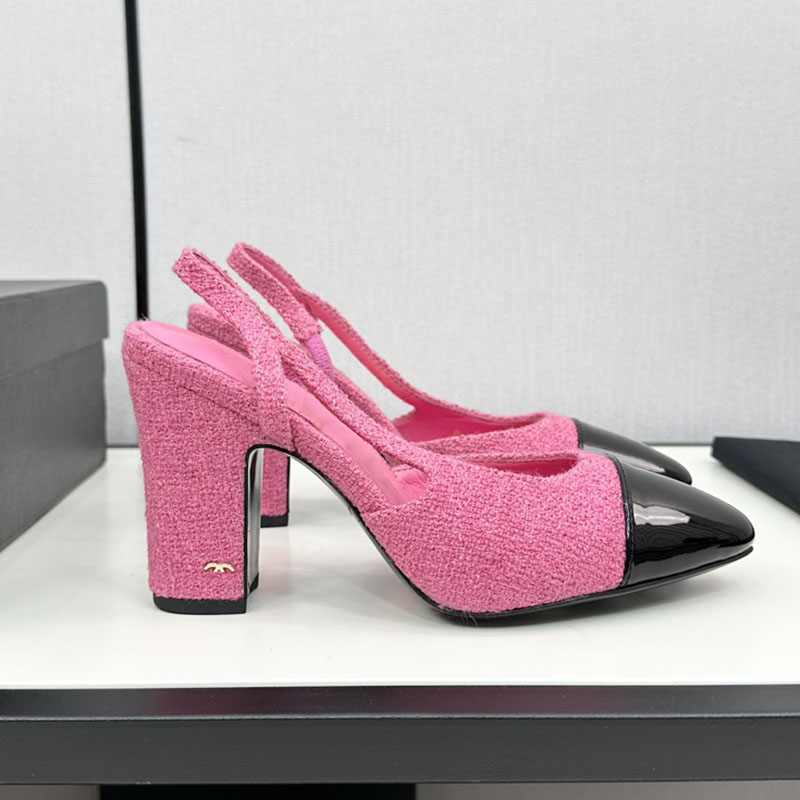 Womens Slingbacks Dress Shoes Designer Slip On Sandals Tweed Round Toes Chunky Heels 6.5/9.5cm Wedding Shoe Ladies For Party Purple Red Leisure Shoe With Dust Bags