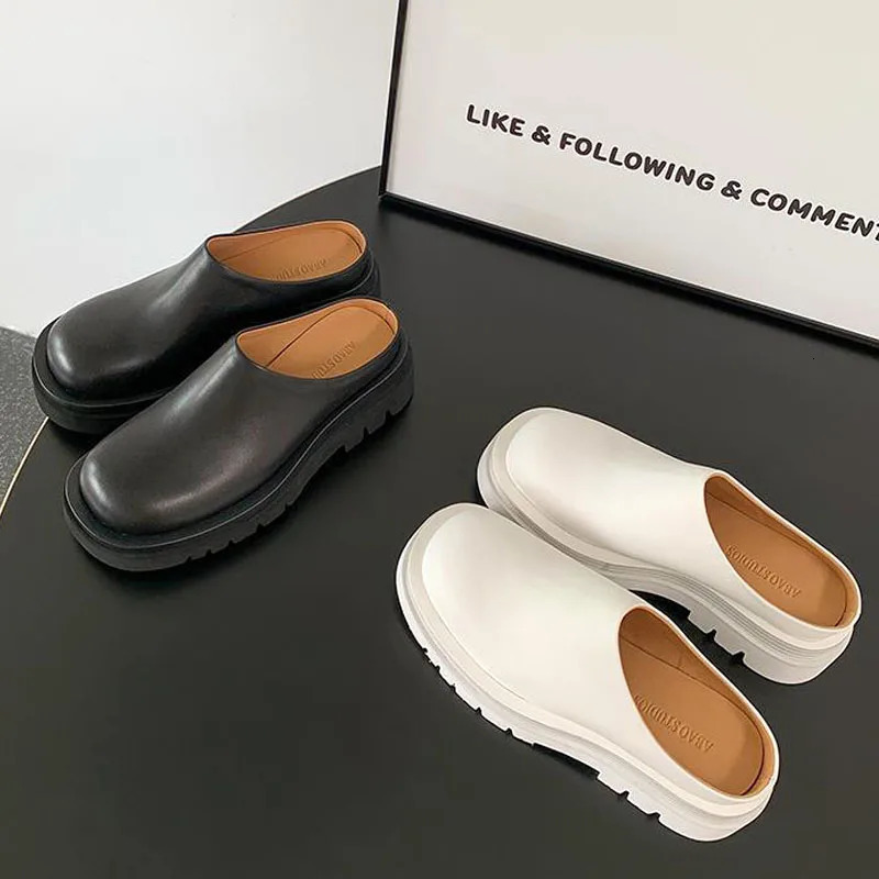 Womens Sliding Summer Fashion Leather Shoes Loafers High Platform Sliding Womens Black High Heeled Mule Shoes Vc3474 240713