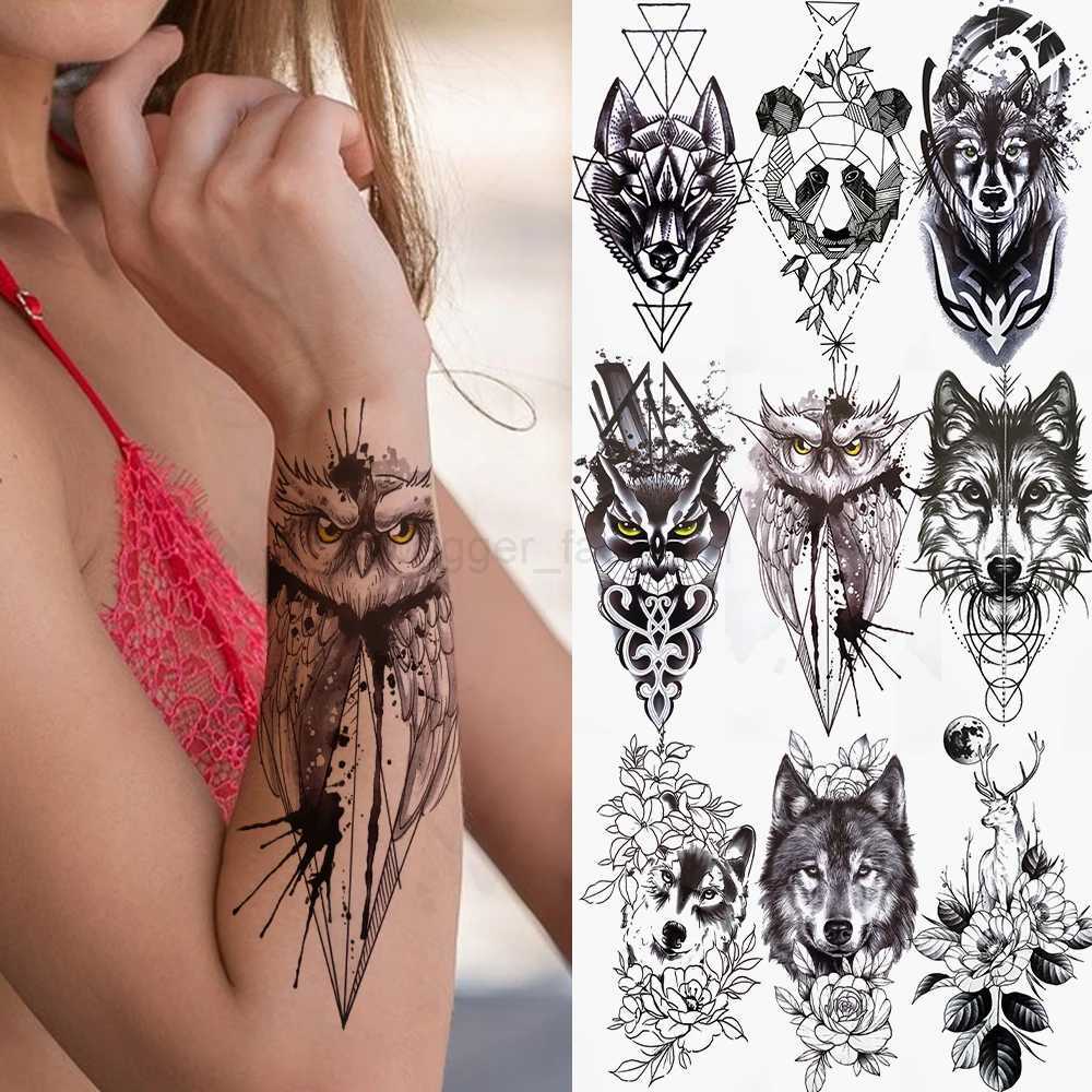Geometry Owl Temporary Tattoo For Women Fake Wolf Tiger Deer Triangle Tatoo Sticker Black Moon Flower Body Art Tattoos PaperB240713
