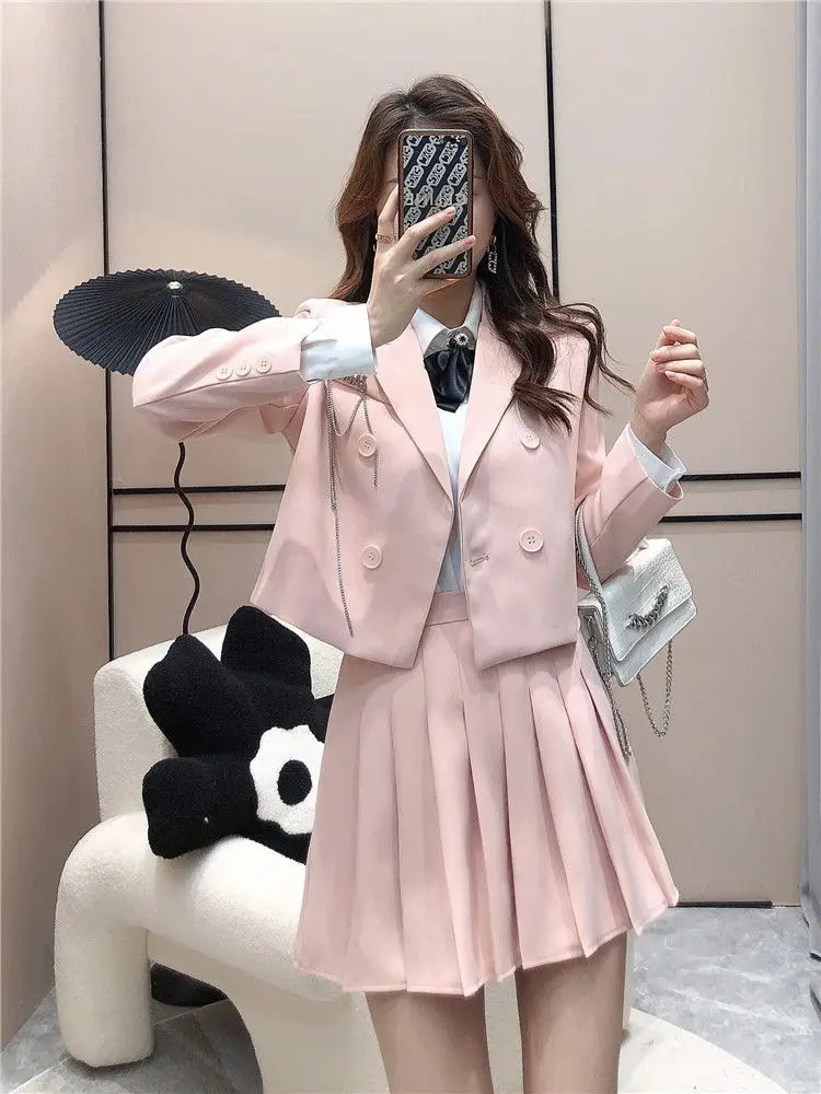 Spring and Autumn Style Womens Suit Jacket Doublebreasted Blazer Top High Waist A Line Pleated Skirt Twopiece Set 240704