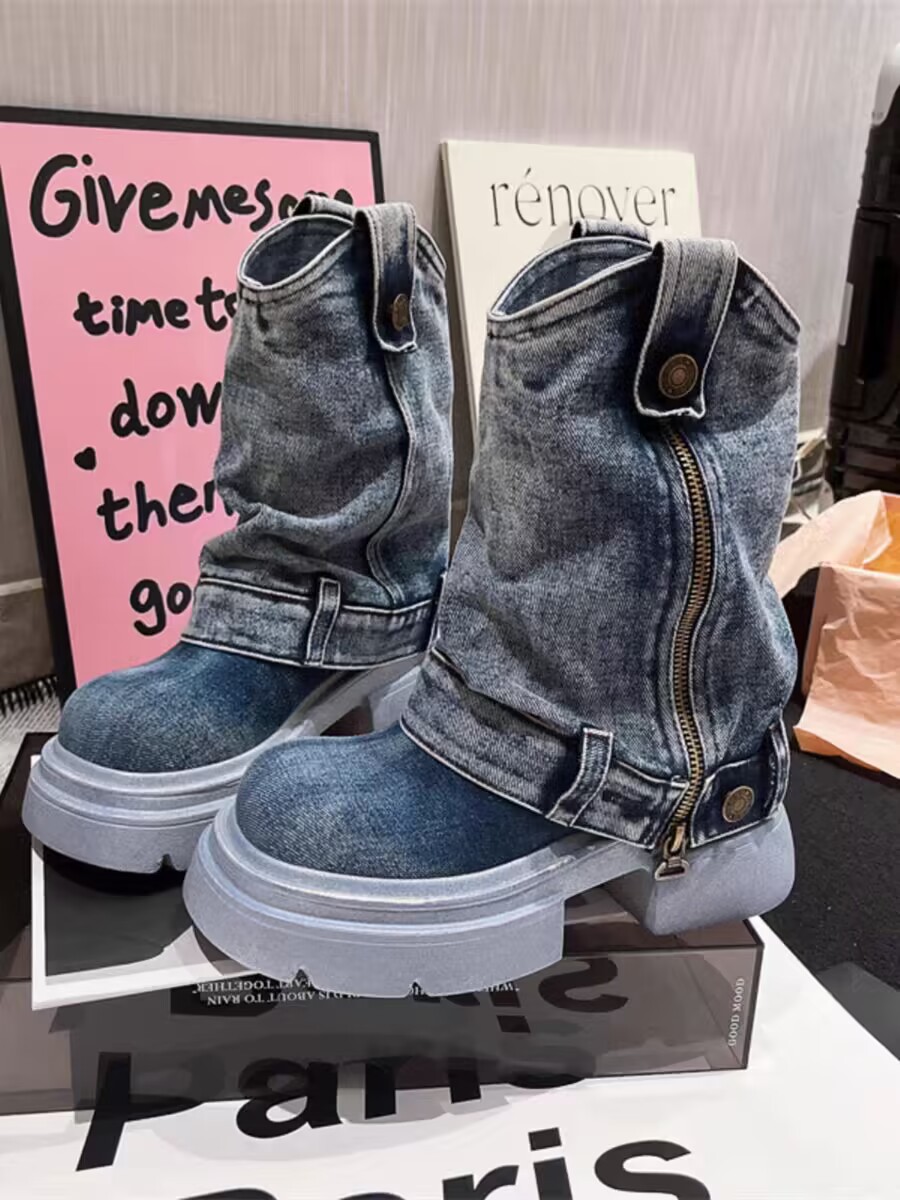 New Bottom Fashion 2024 Thick Comfortable and Durable Explosive Casual Mid Barrel Washed Cowboy Martin Boots Lhshoe