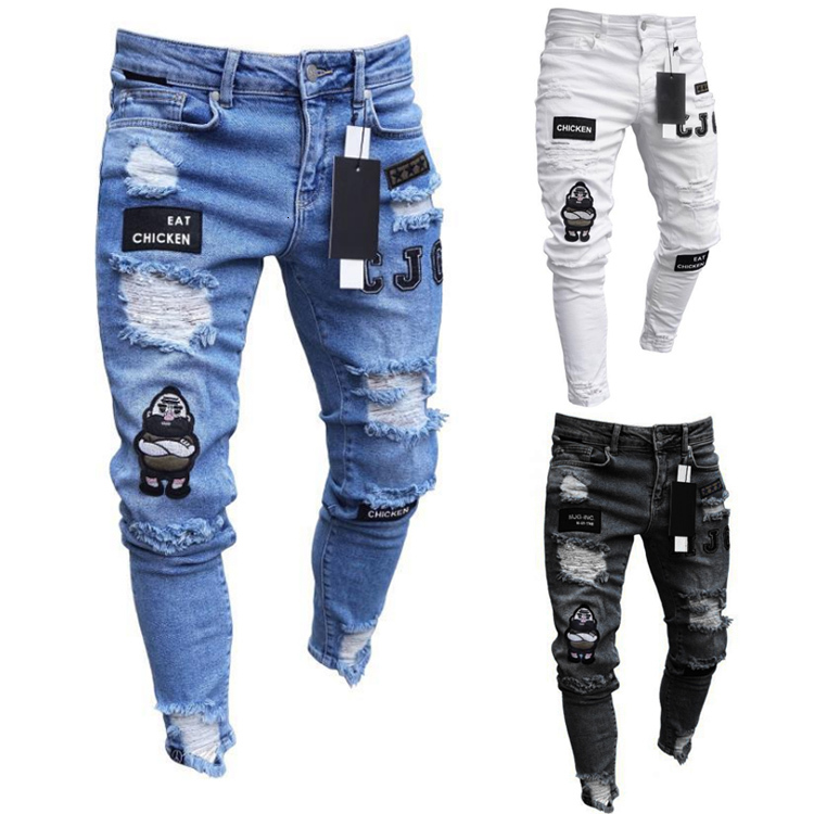 0.1 Sample Men's Fit Knee Hole Distressed Shabby Badge Pants Art Patches Skinny Biker White Jeans Slim Trousers
