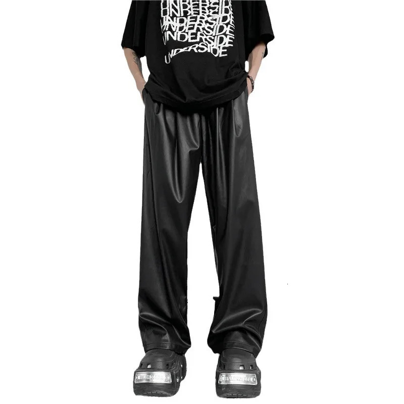 Mens Spring and Autumn Straight Pants Simple Elastic Waist Mop Wide Leg Pu Leather Pants 240712