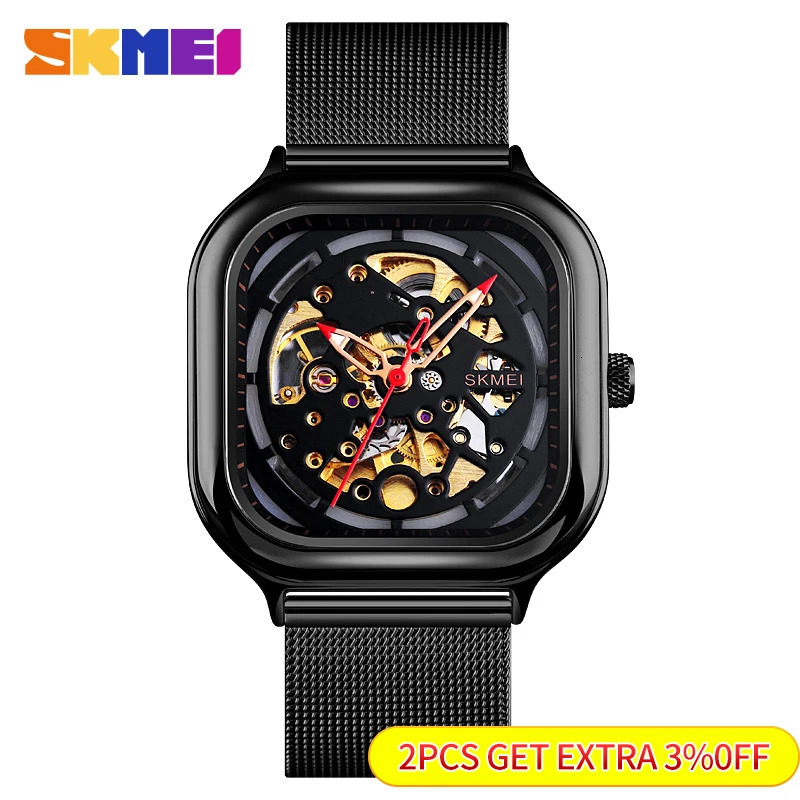 SKMEI 9184 Mechanical Watch Men Automatic Quartz Mens Watches 5Bar Waterproof Hollow Art Steel Strap Clock montre homme 9302 240709
