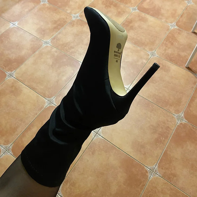 Women 7.5cm 10cm High Heels Winter Thermal Boots Green Low Heels Stretch Silk Ankle Boots Lady Warm Pointed Toe Sexy Party Shoes 240708
