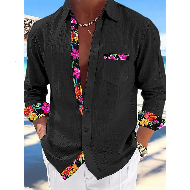Shirts Fashion casual 100 linen shirts Floral stitching mens tops Simple and comfortable 240708