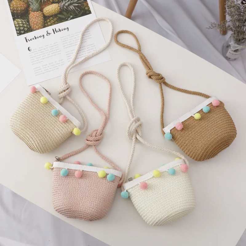 Handmade summer girl shoulder bag chrysanthemum grass rope messenger bag childrens key coin wallet cute princess mini handbag W240813