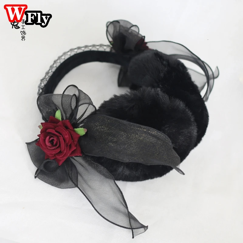 Gothic sweet Lolita Women Girl Lace bow rose Plush winter Warm Earmuffs Foldable Warmer Ear Cover Ear muffs Headband Accessories 240712
