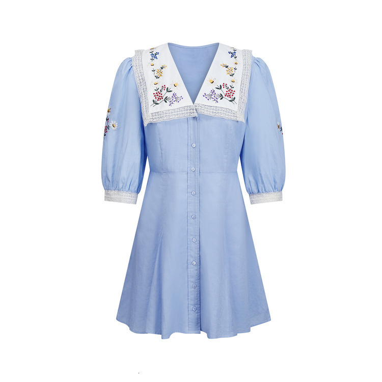 360 short skirt linen blue high waisted cardigan printed temperament commuting dress French women's clothing