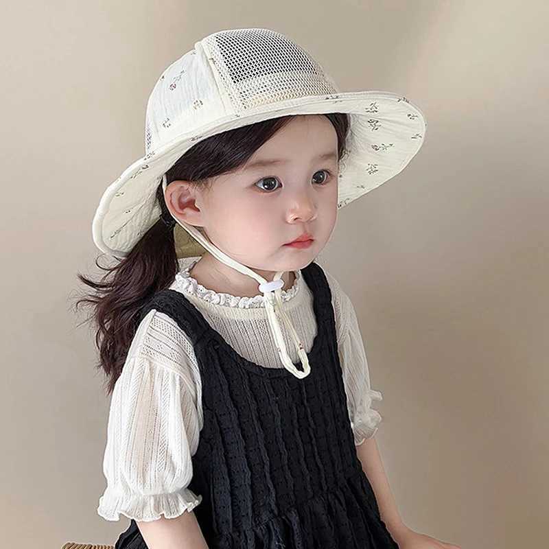 Cartoon printed baby sun hat big brick sunset childrens fisherman hat cute breathable mesh girl Panama boy bucket hatW240713