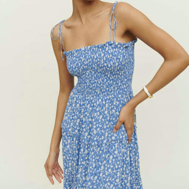 514 summer new item 2022 blue printed long slim fit camisole dress French women's clothing