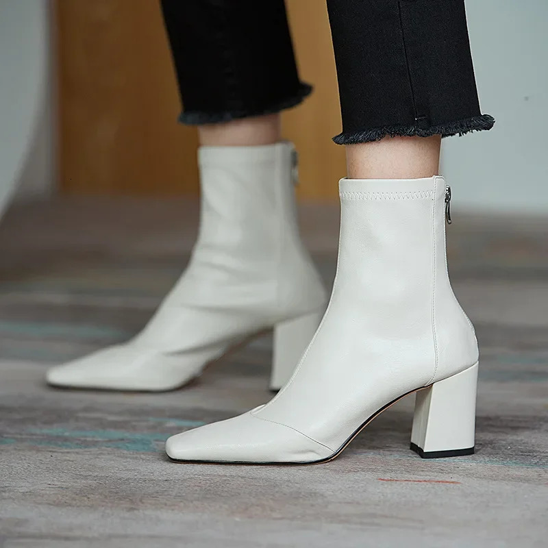 Women Vintage Ankle Boots Thick Heels Boot Fashion Pointed Toe Zipper Winter Womens Shoes Leather Brown Short Booties 240708