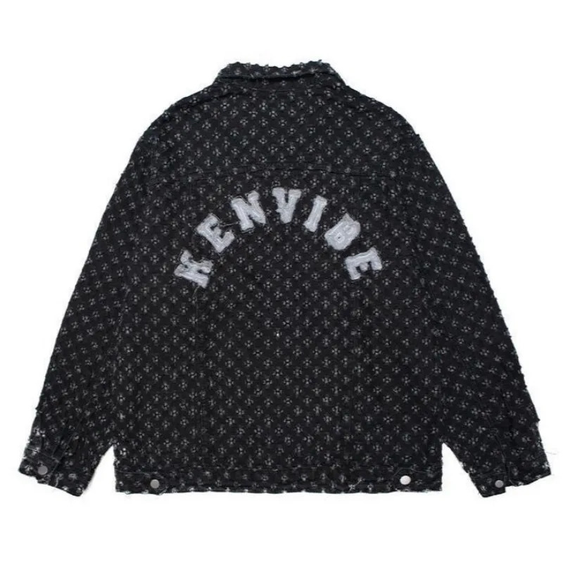 American street print hollow hole denim jacket personality trend men ins high loose letter embroidery casual 240709