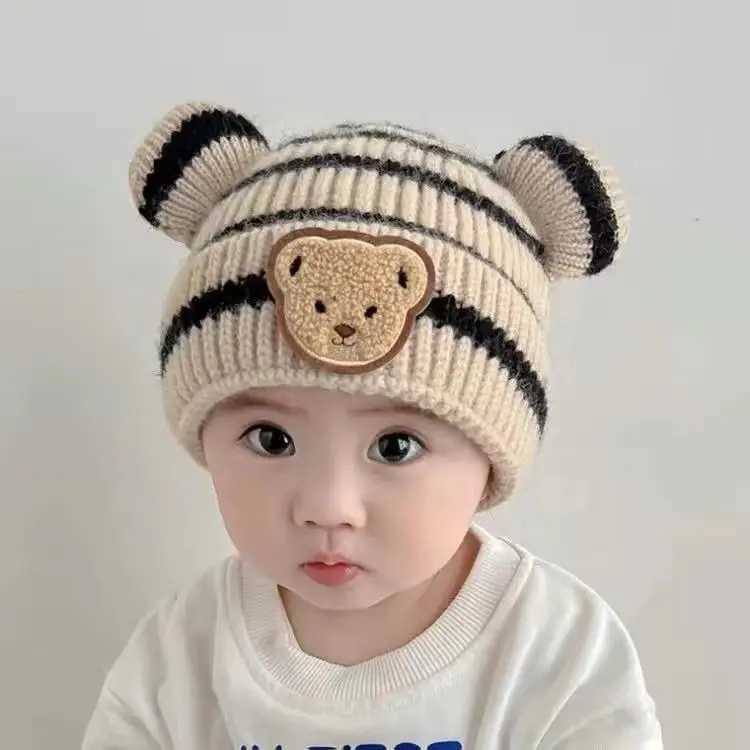 New pattern teddy bear ears baby newborn knitted autumn and winter childrens hats keep warm hats winter wool yarn cuteW240713