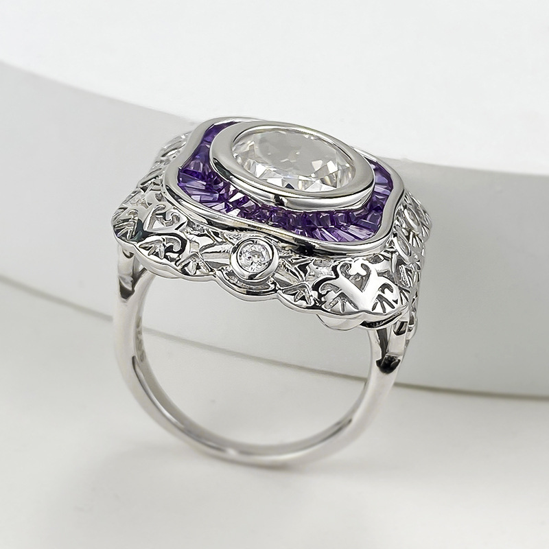 Moissanite Dia Ring: Vintage Sterg Sier Oval Cut Amethyst Wedding Band for Women