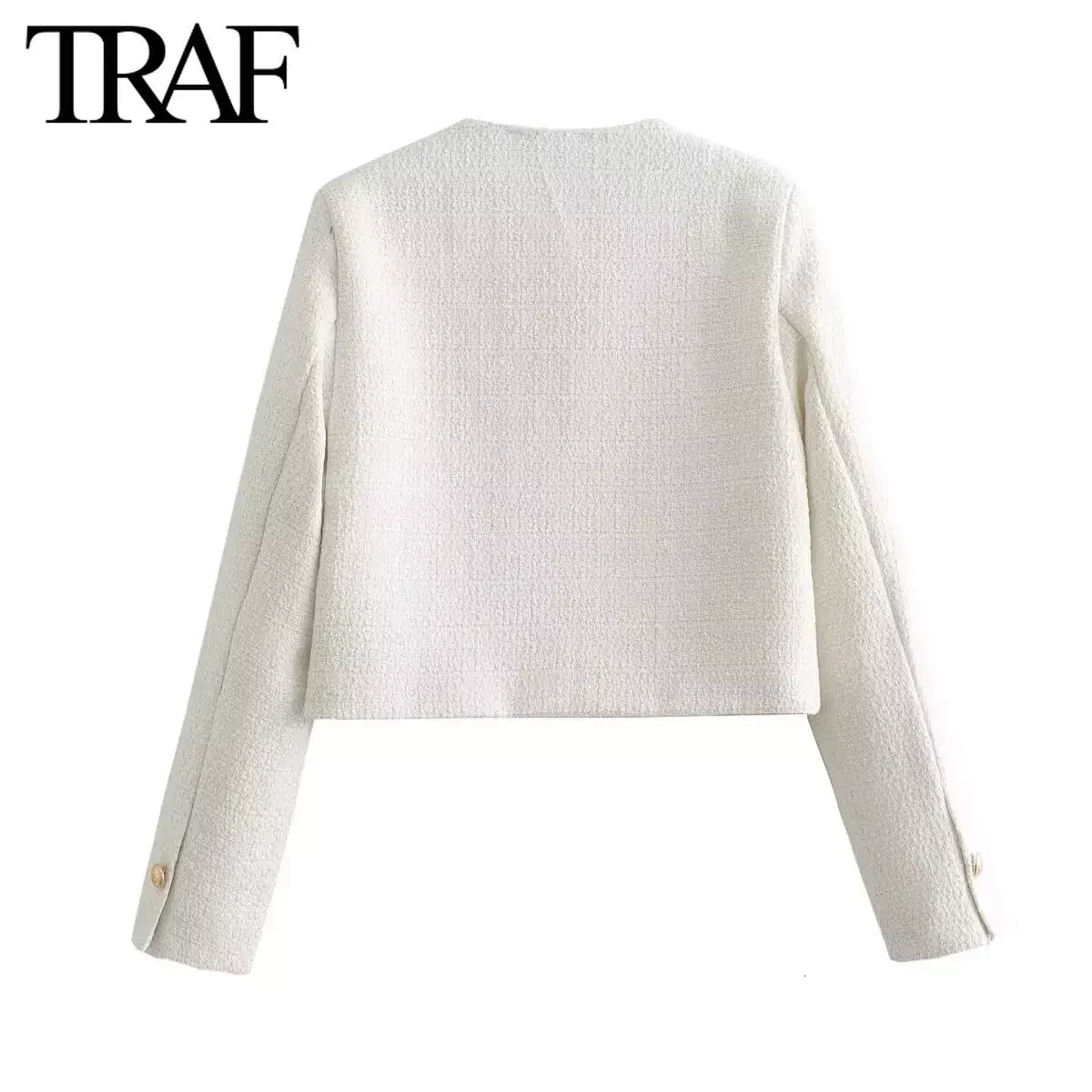 TRAF Women Fashion Spring Flip Pocket Jacket Single-breasted Crewneck Tweed Short Coats Chic Ladies Tops Mujer 240704