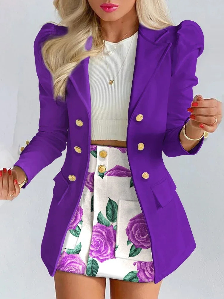 Spring Long Sleeve Solid Color Jacket With Mini Skirt Twopiece Suit Tailleur Femme Blazer And Set Dress 240704