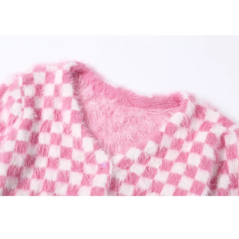 Pink and White Check Cardigan Sweater Women Fuzzy Mohair Crop Knit Long Sleeve HeartShape Button Soft Girl Aesthetic Outfit 240712